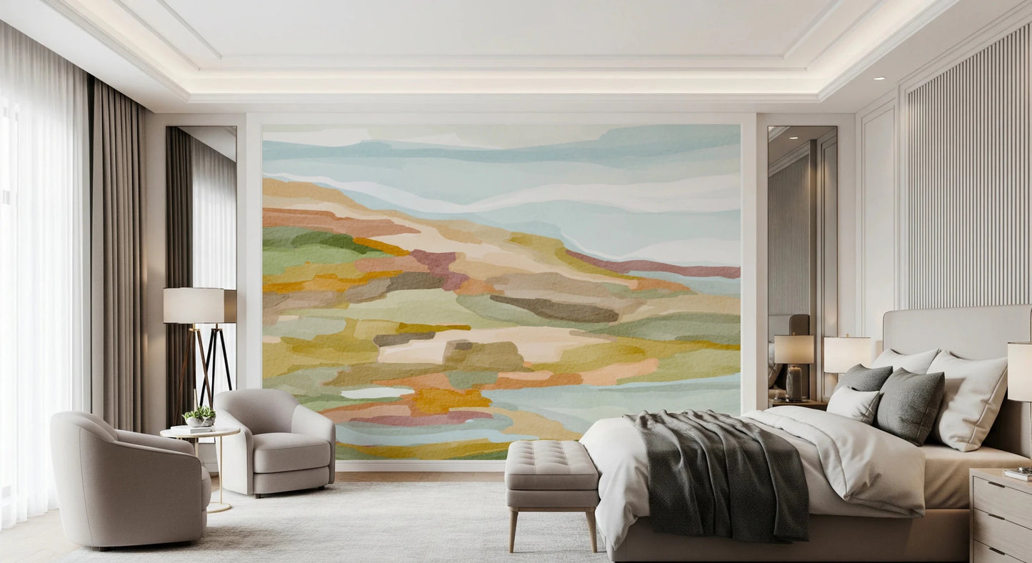 Bedroom styled with Painted Hills Wall Mural in a soothing scenic landscape