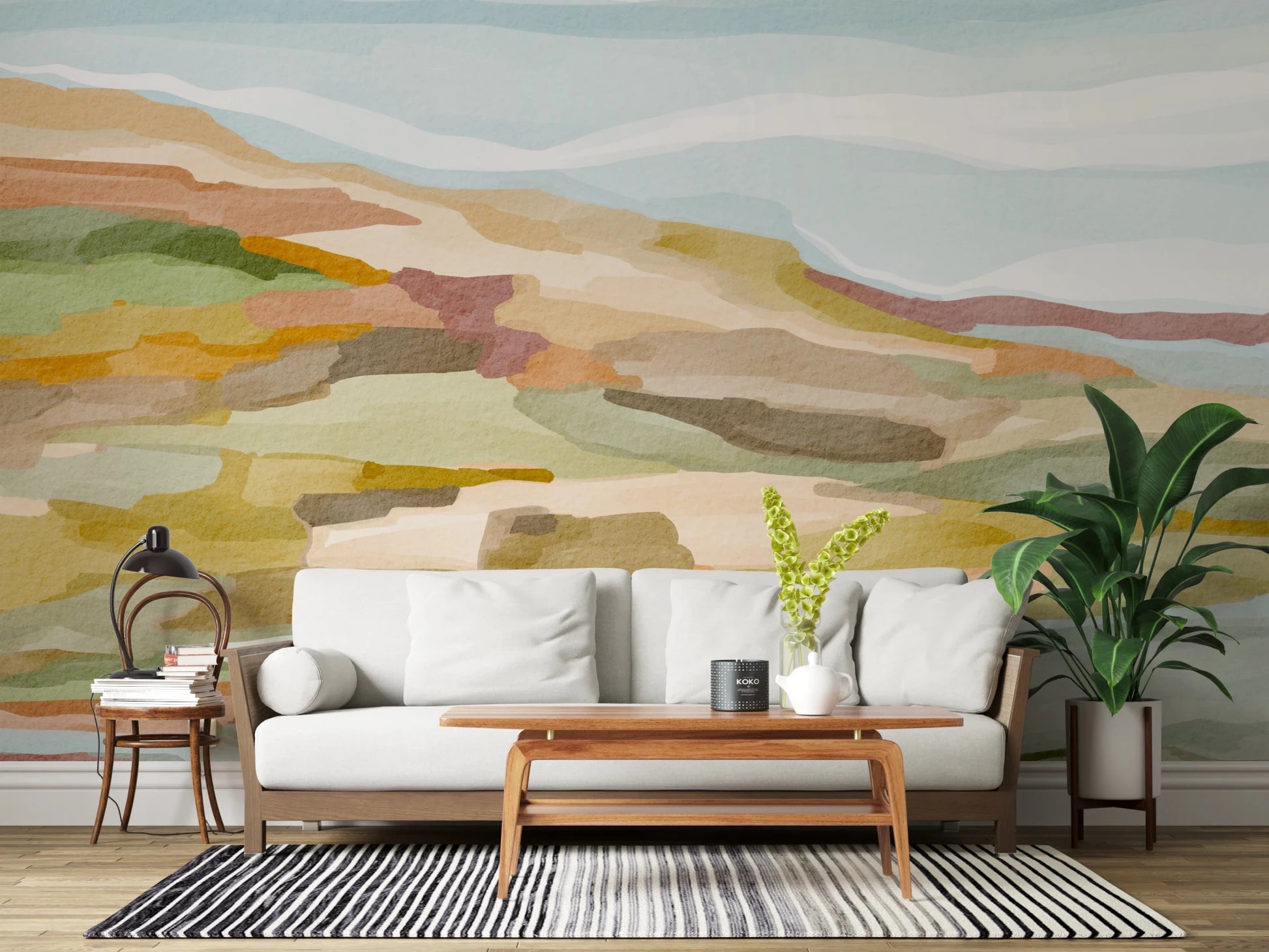 Modern sitting room with Painted Hills Wall Mural in pastel landscape hues