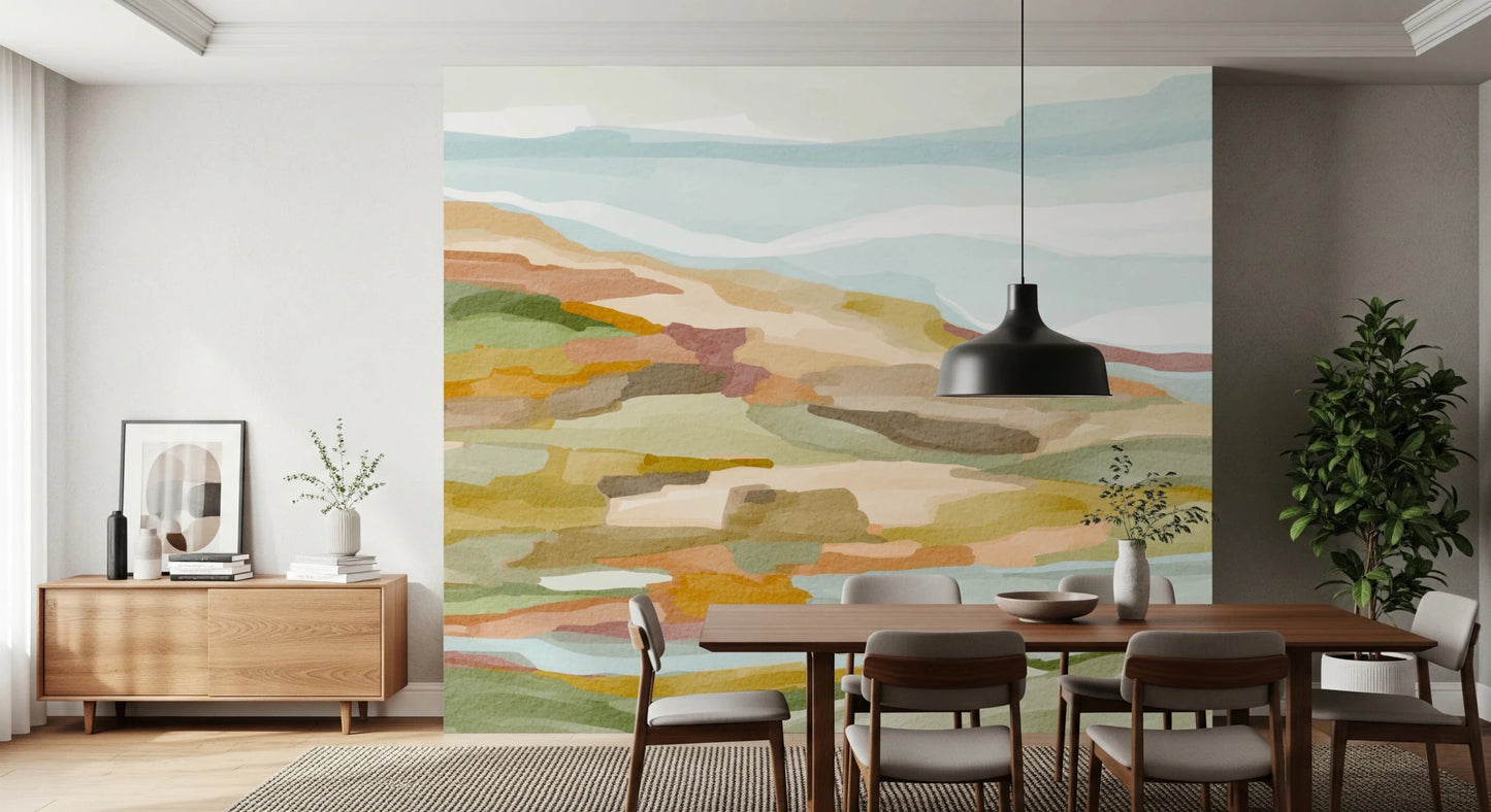 Dining corner with Painted Hills Wall Mural in warm layered hill patterns