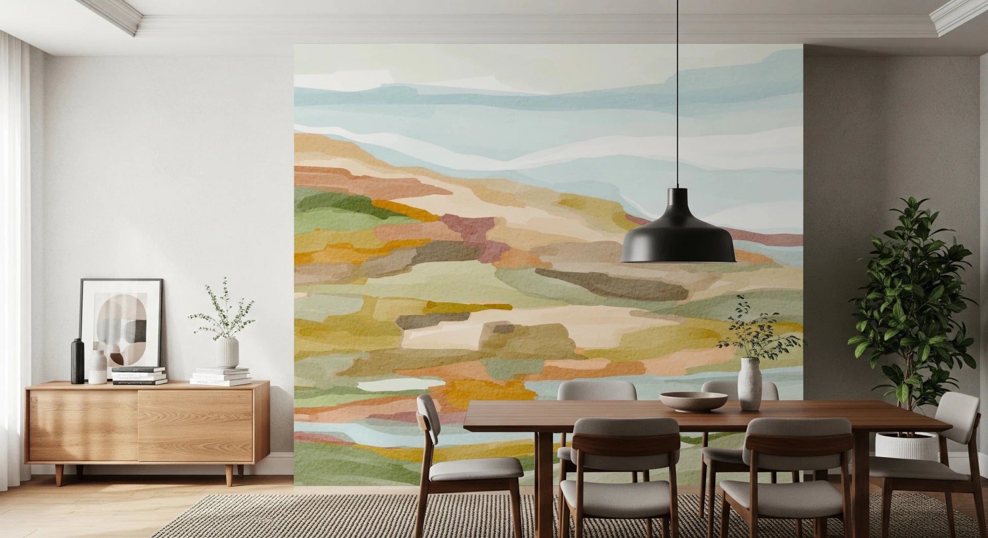 Dining corner with Painted Hills Wall Mural in warm layered hill patterns
