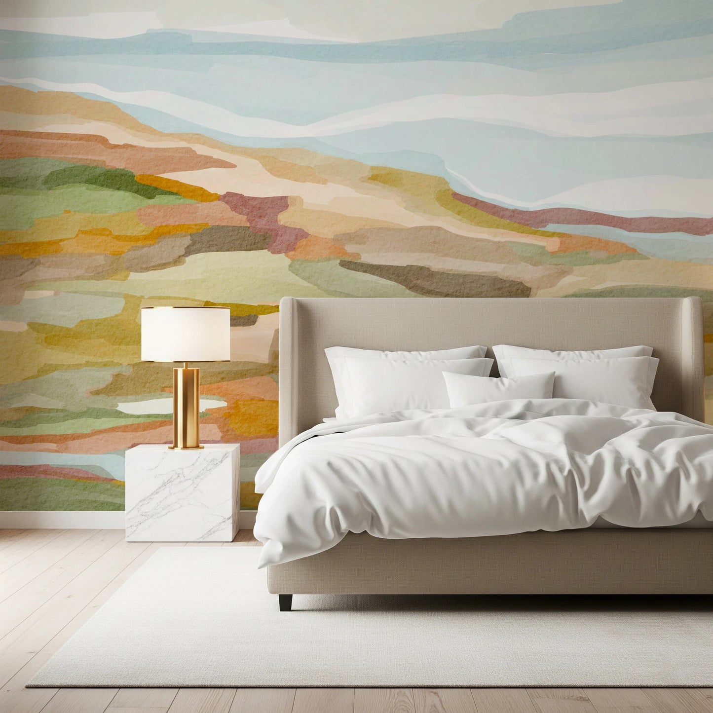 Bedroom featuring Painted Hills Wall Mural with layered hills in warm tones