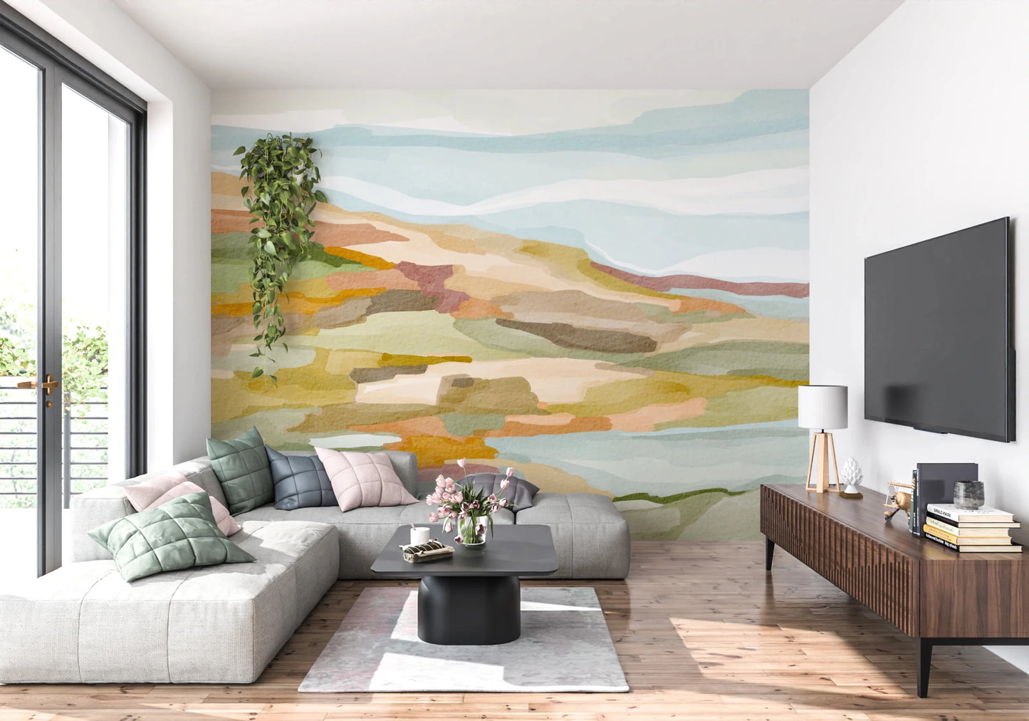 Bright living room with Painted Hills Wall Mural in painted rolling hill tones