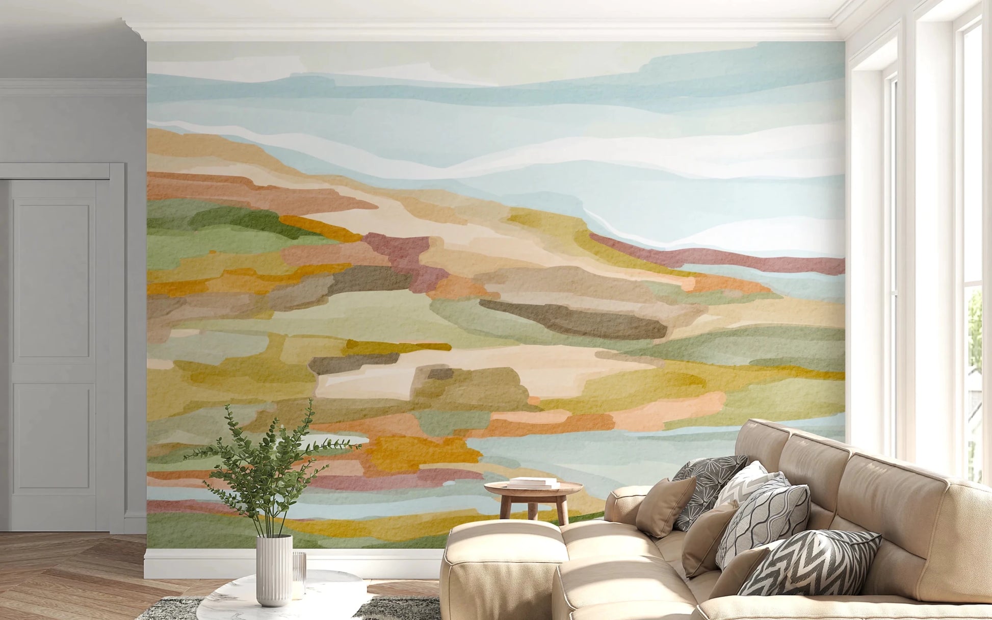 Living room with Painted Hills Wall Mural in soft pastel landscape tones