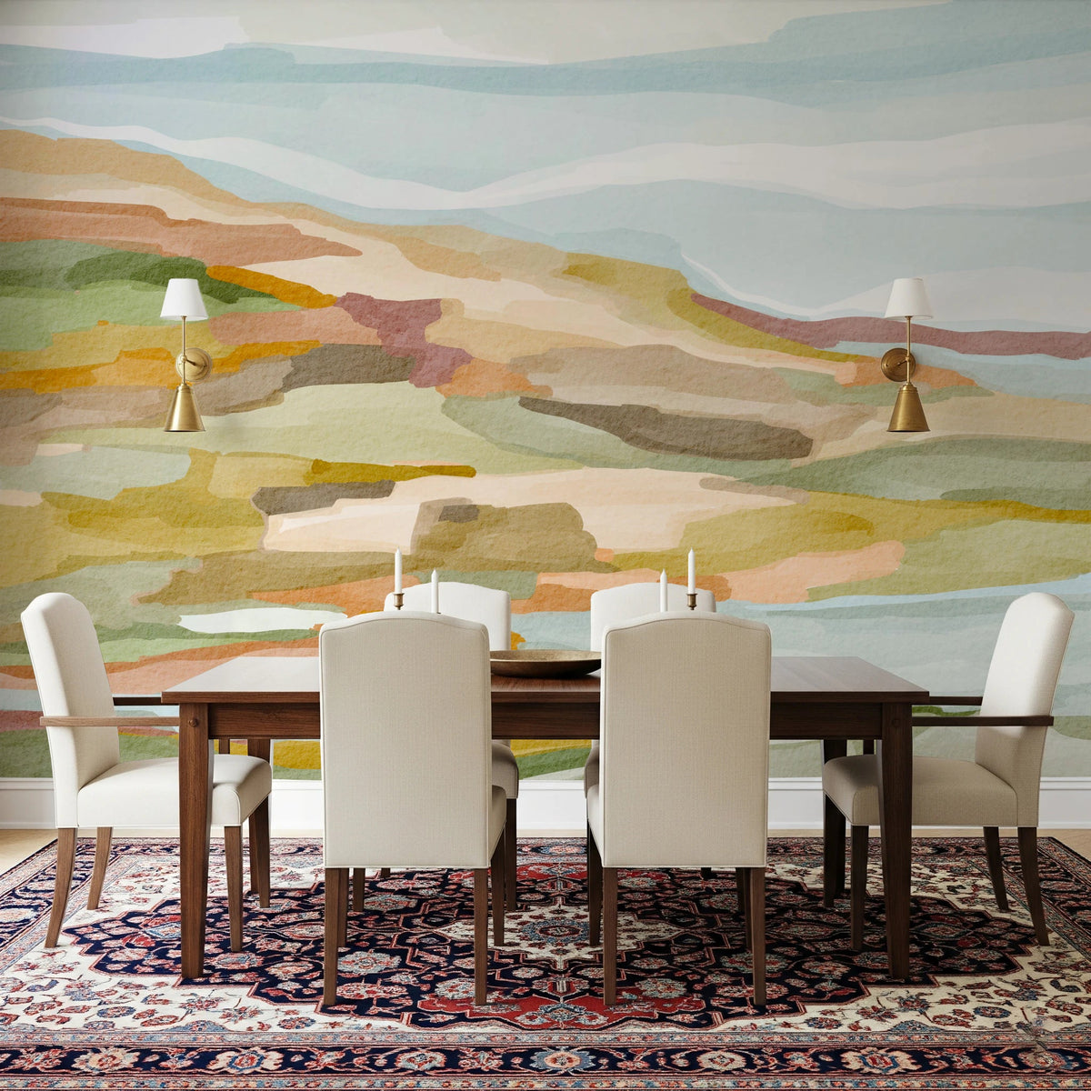 Dining area with Painted Hills Wall Mural and soft flowing hillside colors, GD8686