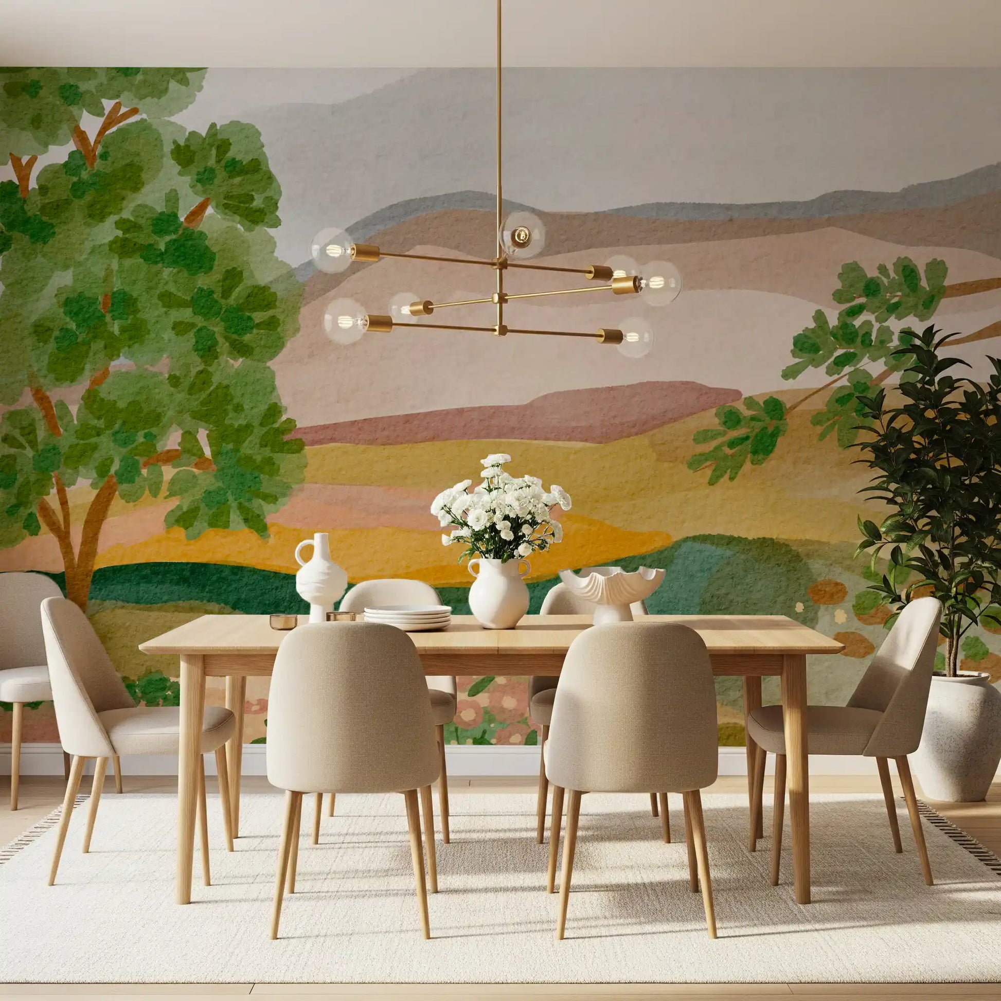 Large scale Painted Hillside Calm Wall Mural installed in a modern Dining room.