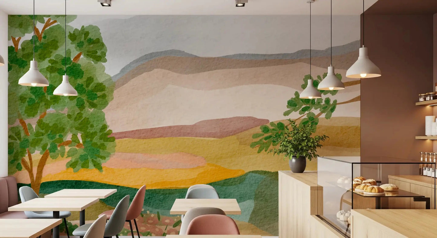 Café corner defined by the unique Painted Hillside Calm Wall Mural pattern.