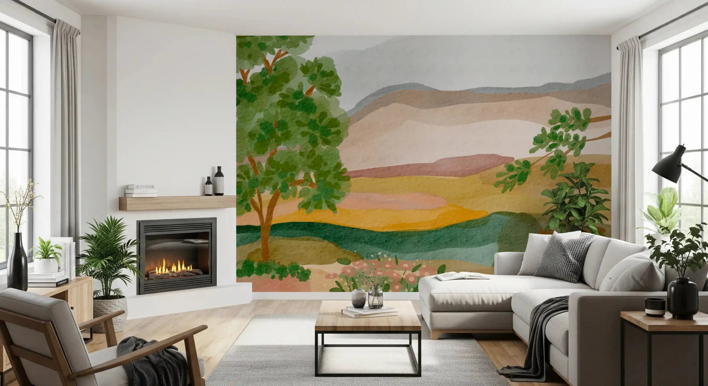 Living room featuring the soft tones of the Painted Hillside Calm Wall Mural imagery.