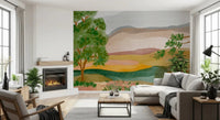 Living room featuring the soft tones of the Painted Hillside Calm Wall Mural imagery.