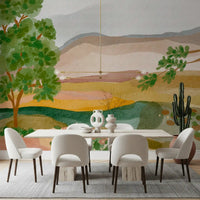 A Dining room showcasing the Painted Hillside Calm Wall Mural scenery.