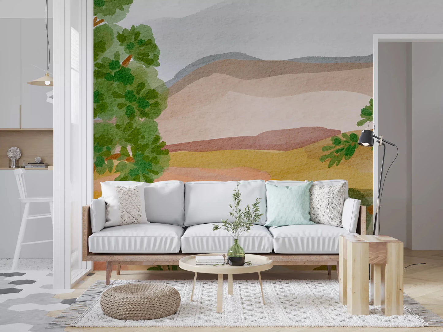 Earthy yellows and greens dominate the palette of the Painted Hillside Calm Wall Mural.