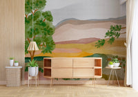 Bright living room accented by the watercolor Painted Hillside Calm Wall Mural scene.