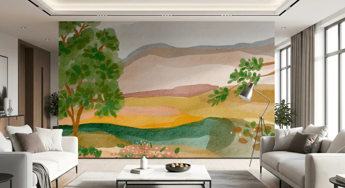 A watercolor landscape of a large tree and hills in the Painted Hillside Calm Wall Mural.
