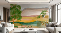 A watercolor landscape of a large tree and hills in the Painted Hillside Calm Wall Mural.