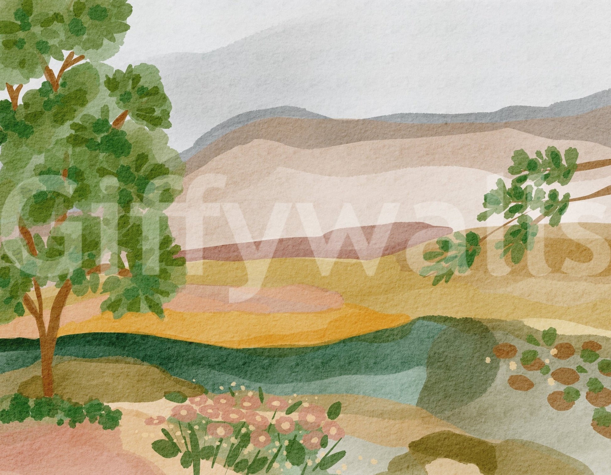 A close view of the foliage details on the custom Painted Hillside Calm Wall Mural.