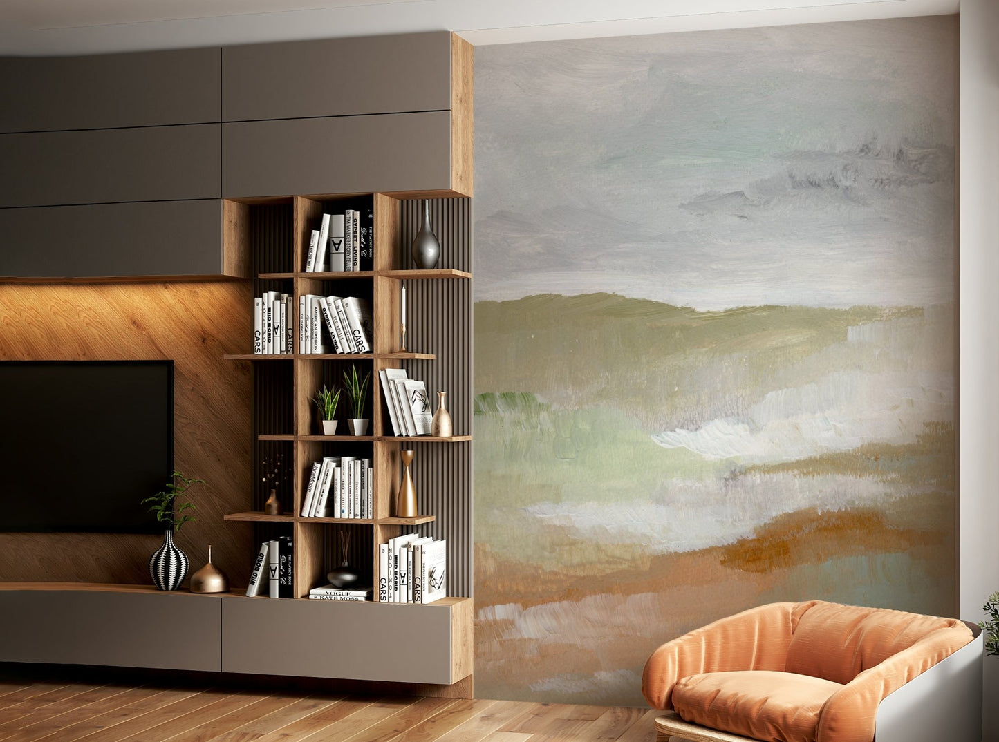A wall mural of an abstract landscape.

