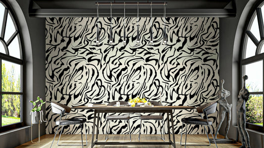 A beautiful modern living room with a painted lines mural.

