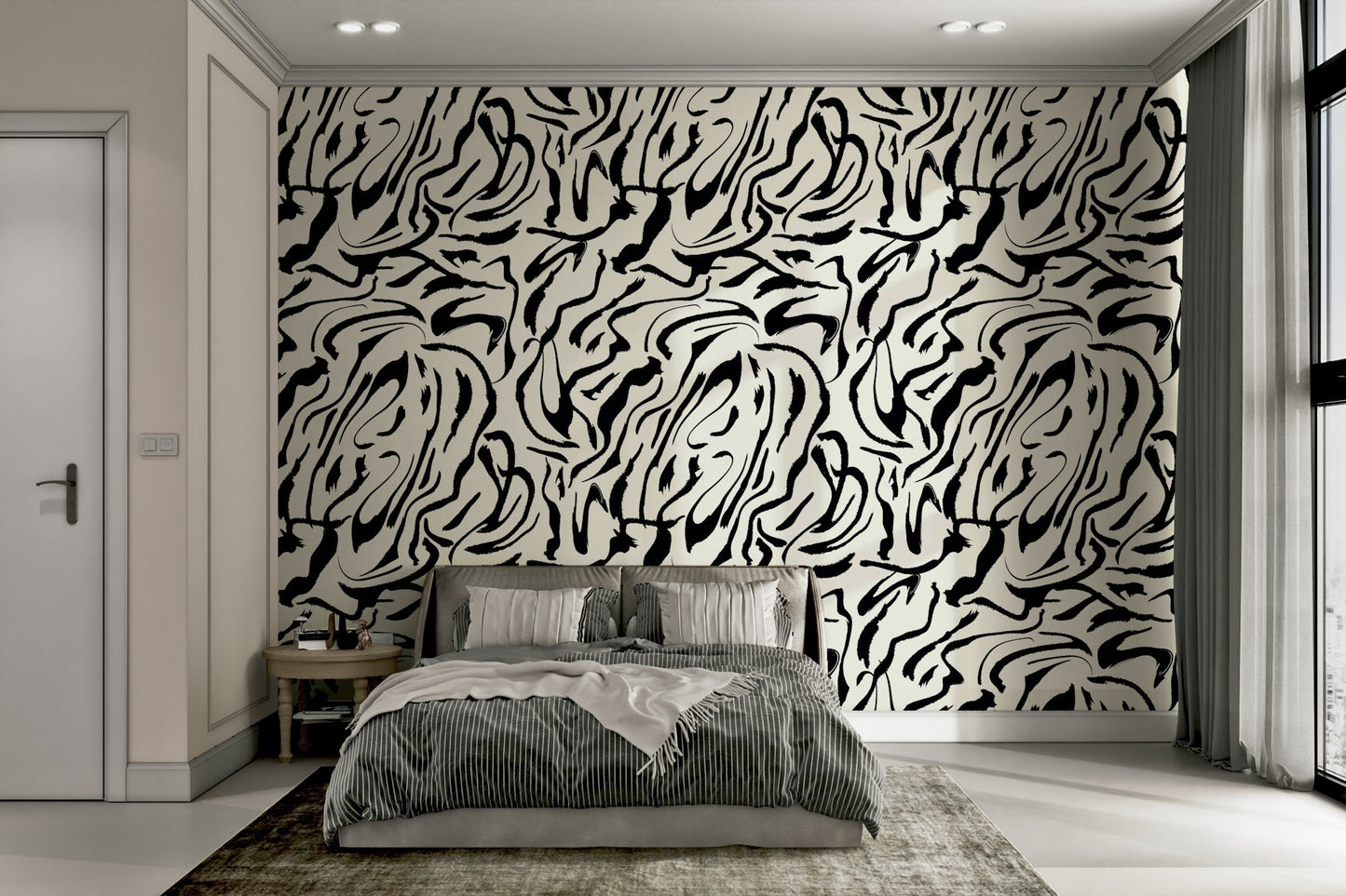 A bedroom with the artistic mural behind the headboard.

