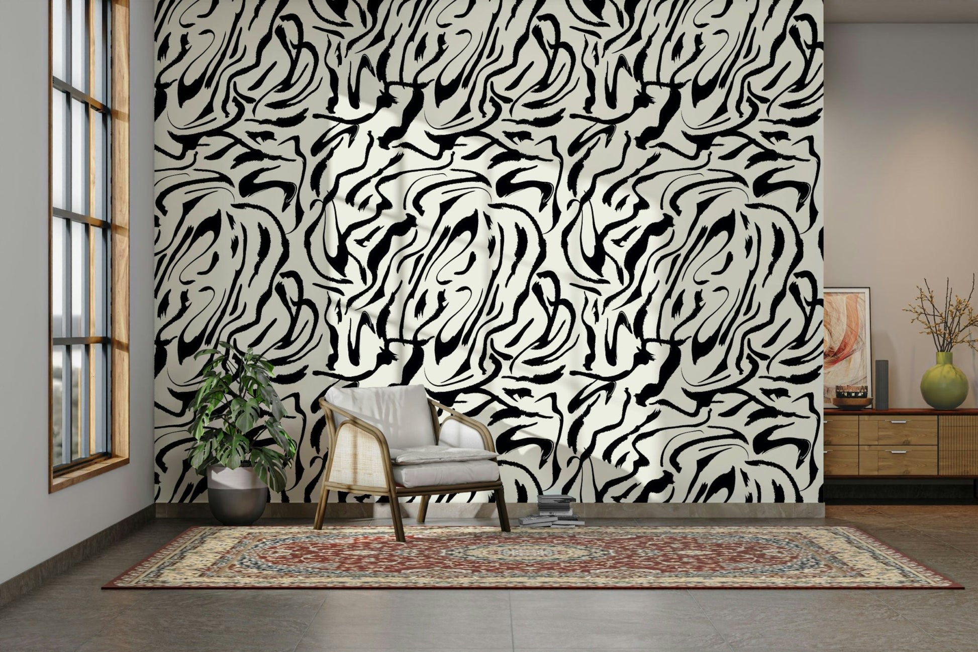 A high-angle view of the wall mural in a large space.

