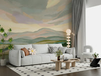Painted Mountainscape Wall Mural, dreamy landscape, earthy tone field view.