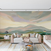 Pastel Painted Mountainscape Wall Mural, soothing bedroom home aesthetic.