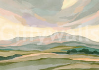 Mountainscape art print wallpaper, misty sage ridges, beautiful sunset sky.