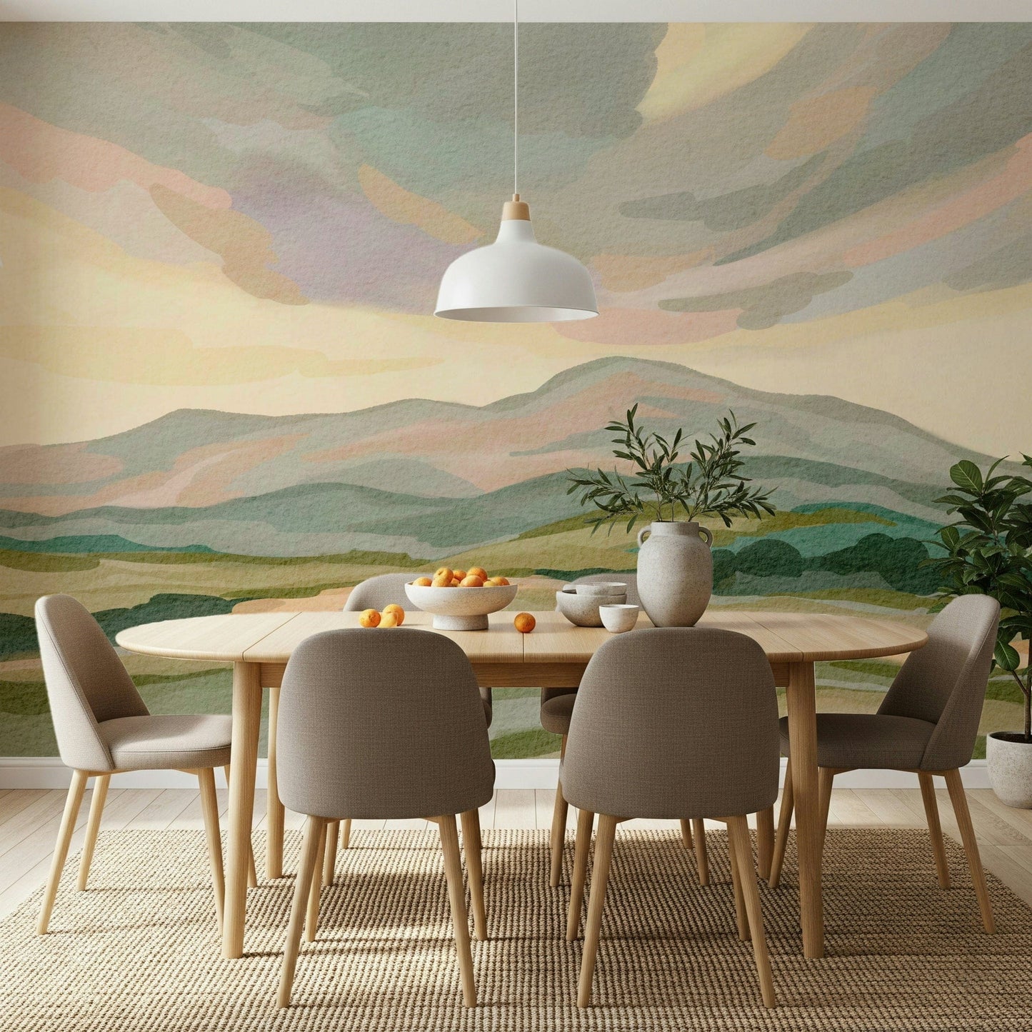 Calming gradient Painted Mountainscape, home office accent wall, serene look.