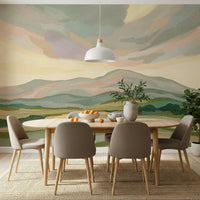 Calming gradient Painted Mountainscape, home office accent wall, serene look.