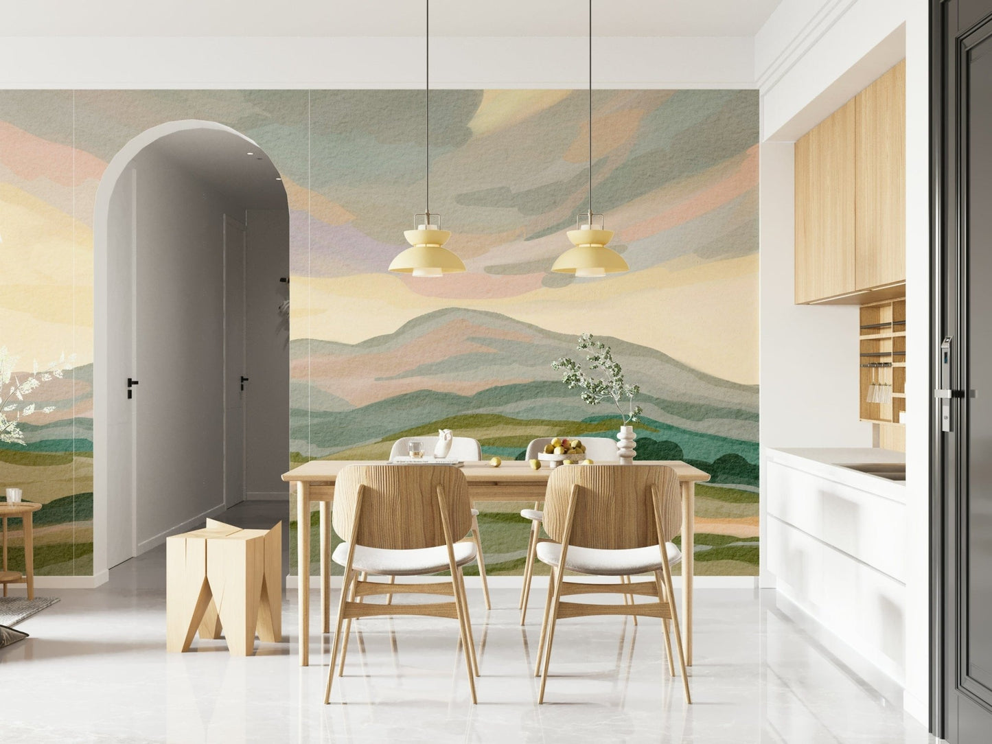 Watercolor mountain wallpaper, peaceful valleys, large scenic wall covering.