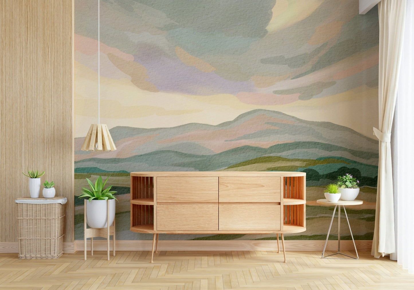 Painted Mountainscape Wall Mural, tranquil view, decorative feature wall paper.