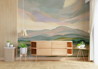 Painted Mountainscape Wall Mural, tranquil view, decorative feature wall paper.