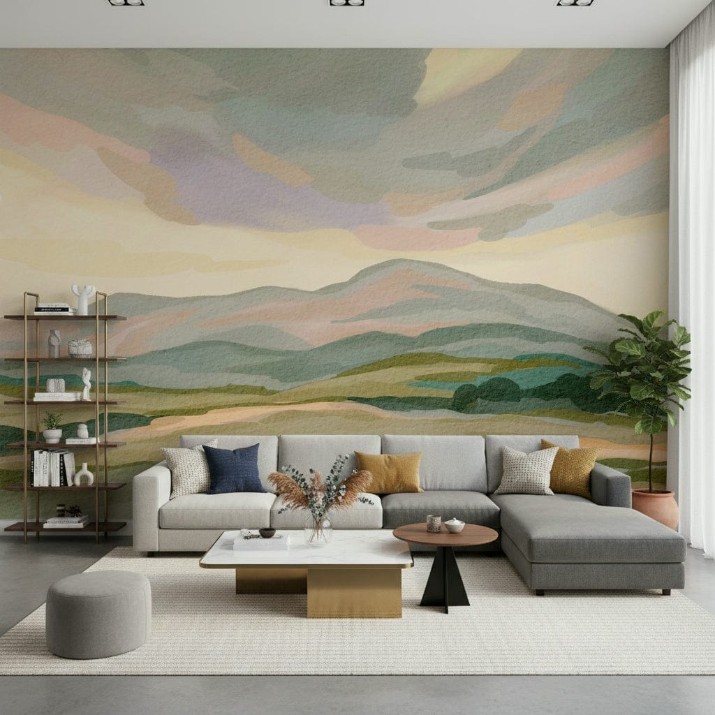 Painted Mountainscape, impressionist style wallpaper, soft wash of color.
