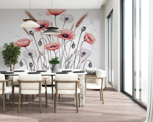 Painted Poppy Meadow wall mural with coral flowers and seed pod accents