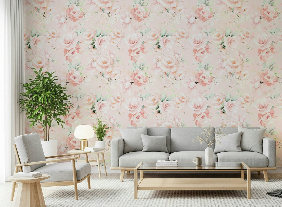 Painted Rose Garden wall mural, large delicate bloom pattern, GD7205