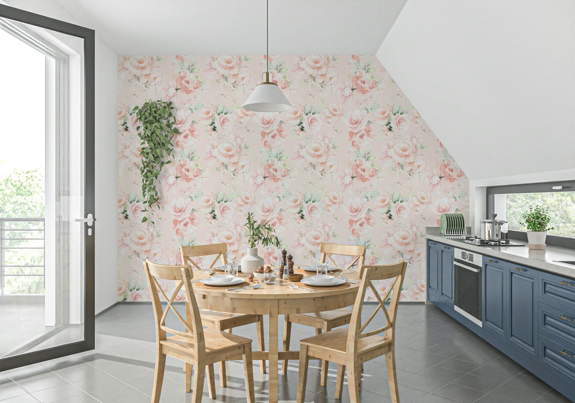 Watercolour Painted Rose Garden, beautiful feminine wallcovering