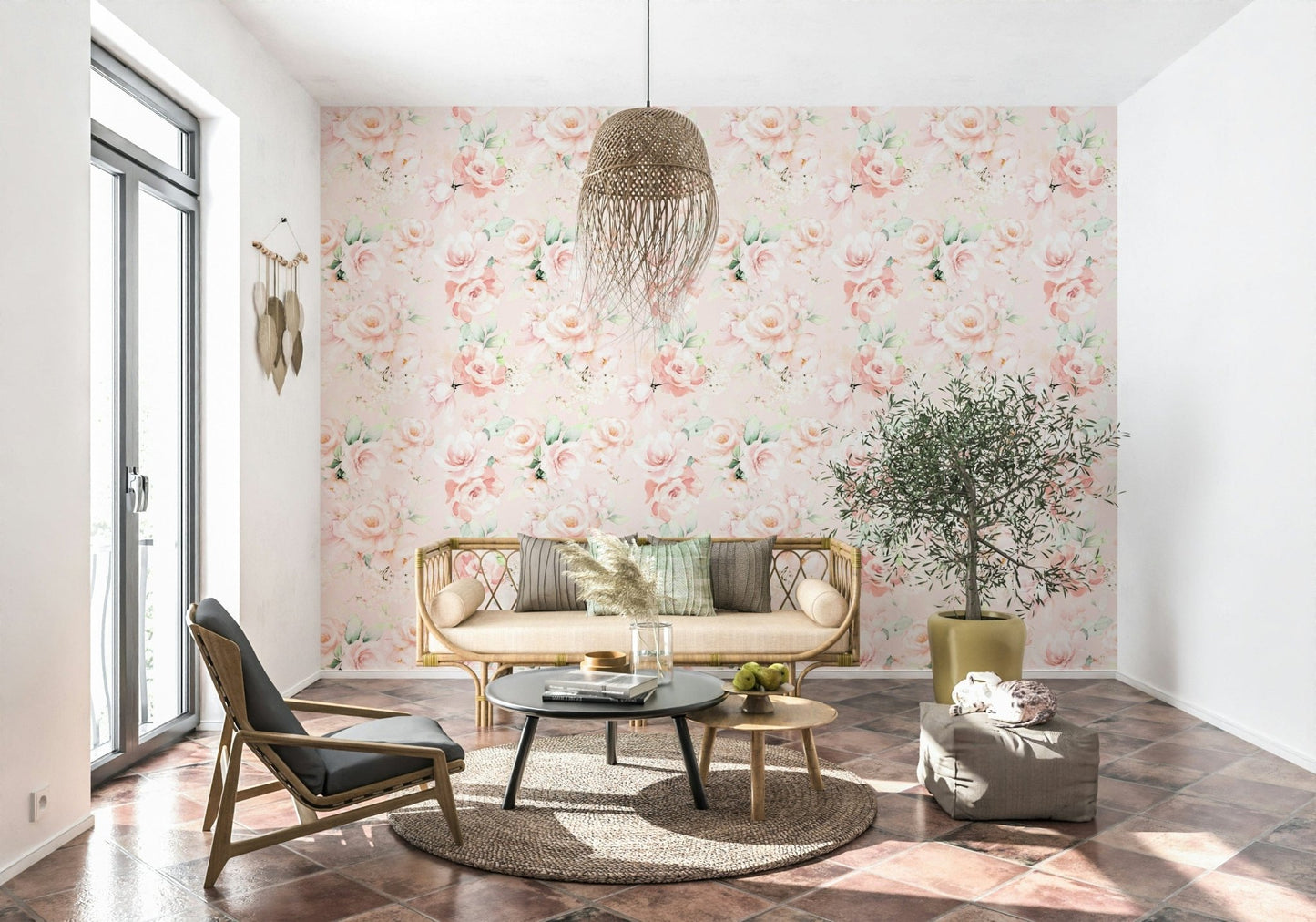 Painted Rose Garden wallpaper for walls, blush pink floral print