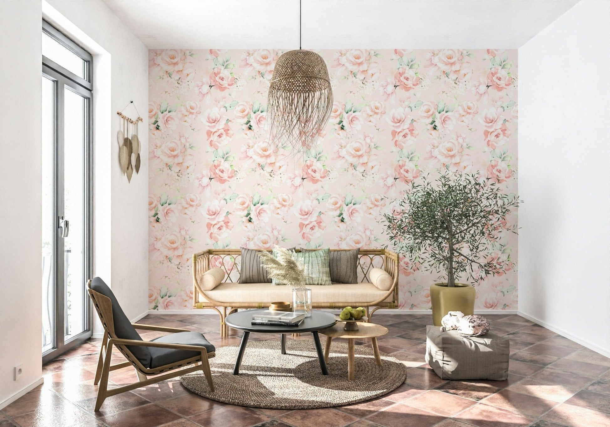 Painted Rose Garden wallpaper for walls, blush pink floral print