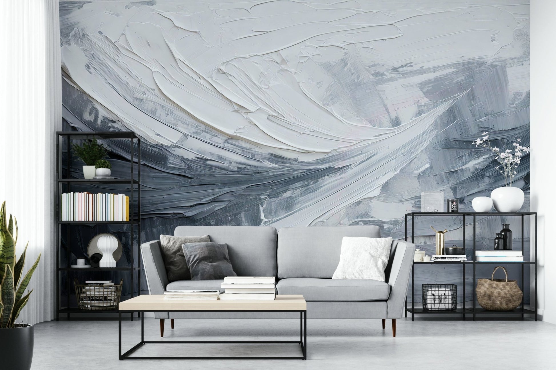 Elegant brushwork in monochrome mural composition

