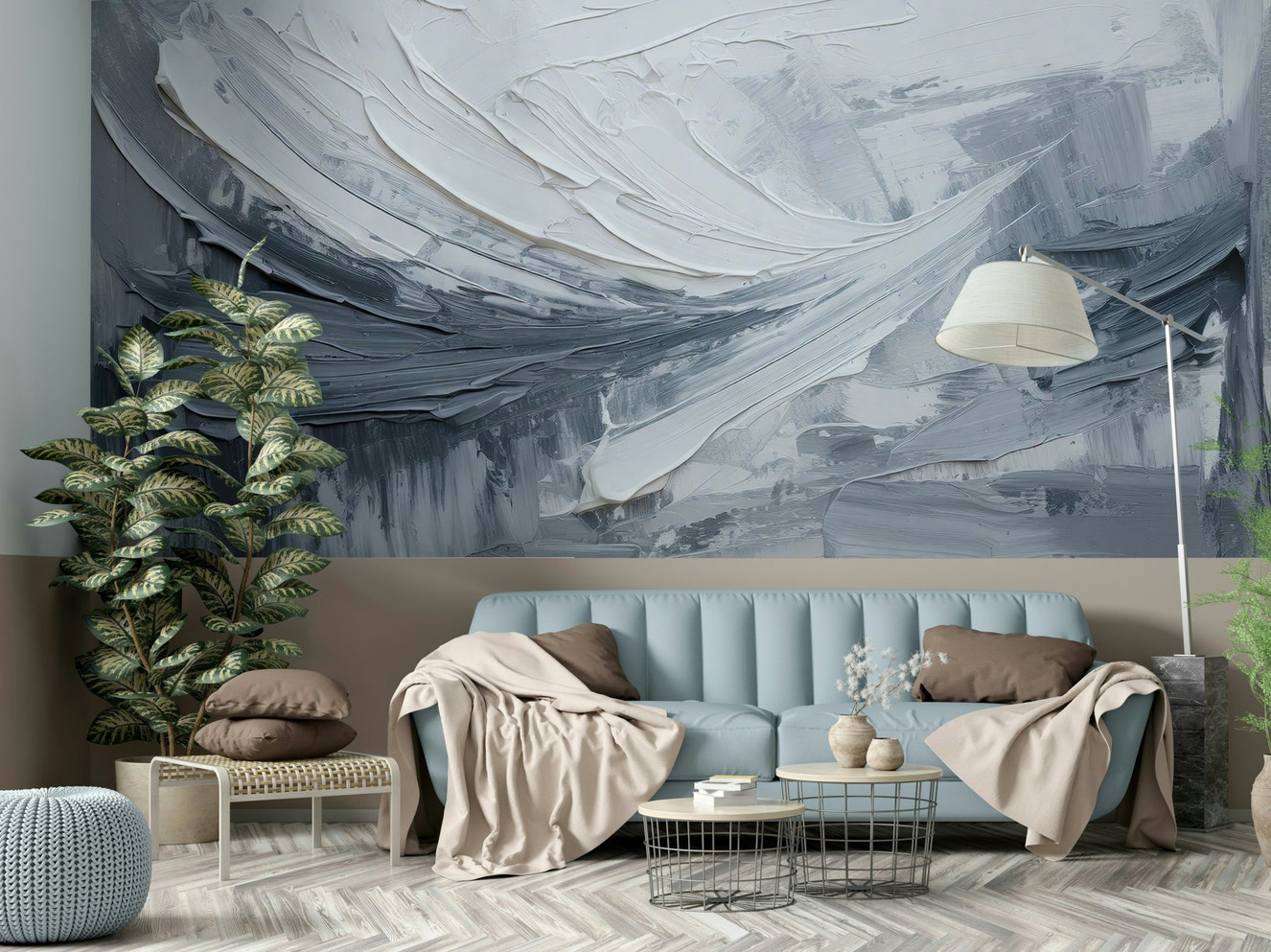 Painted Serenity mural with soft gray brushstrokes

