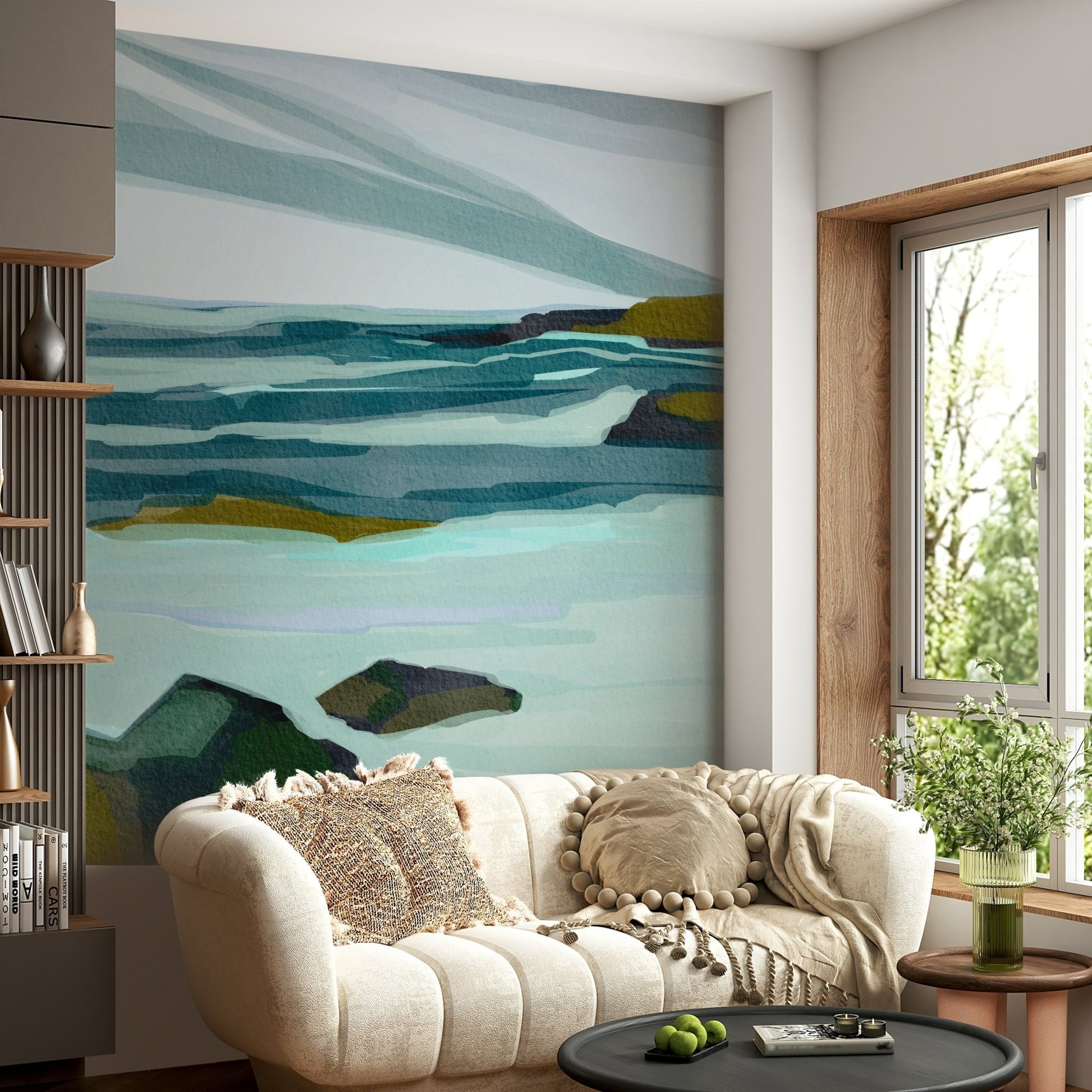 Gentle waves are rolling onto a sandy beach.

