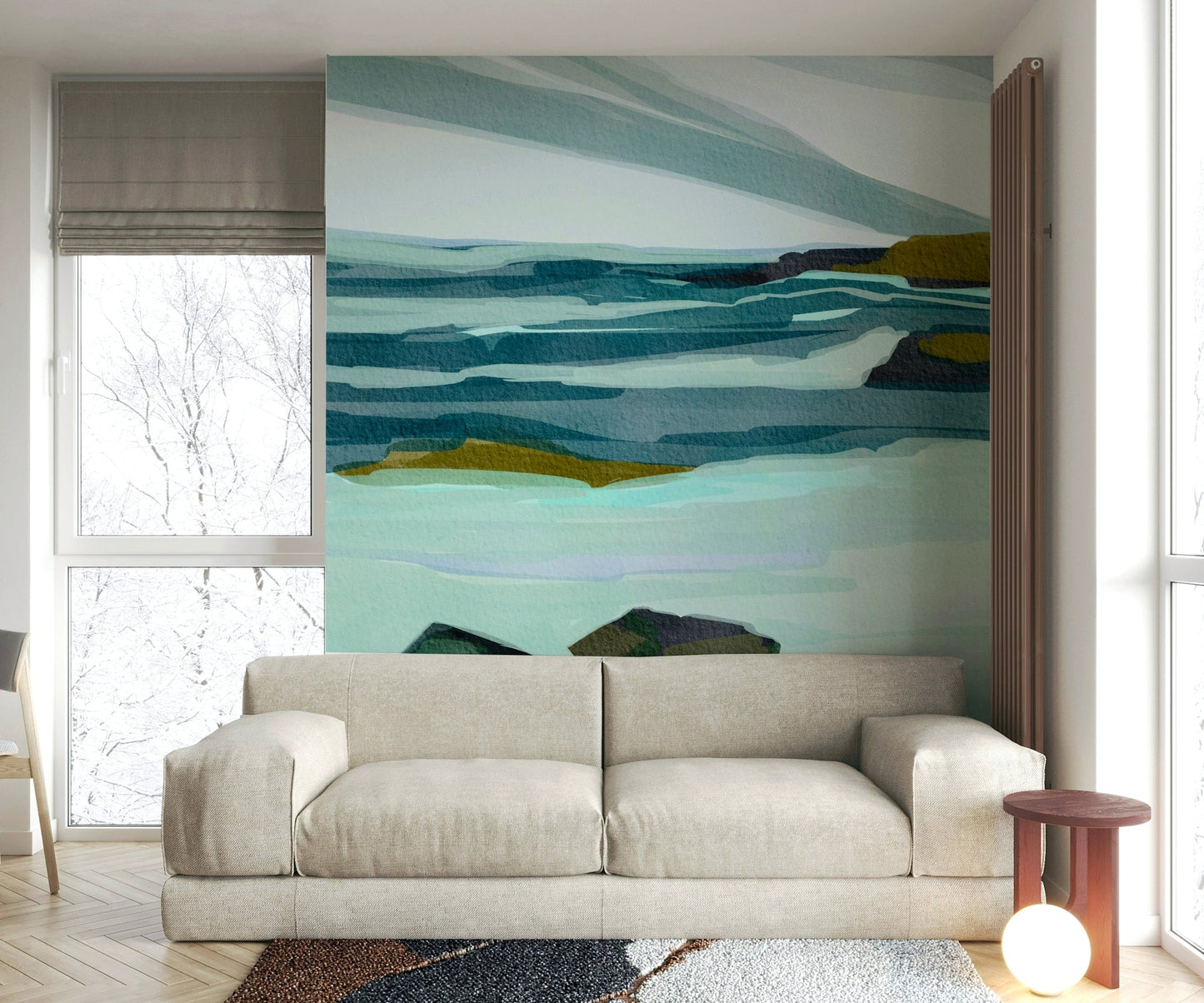 The colors are muted and gentle, like soft blues, whites, and browns.

