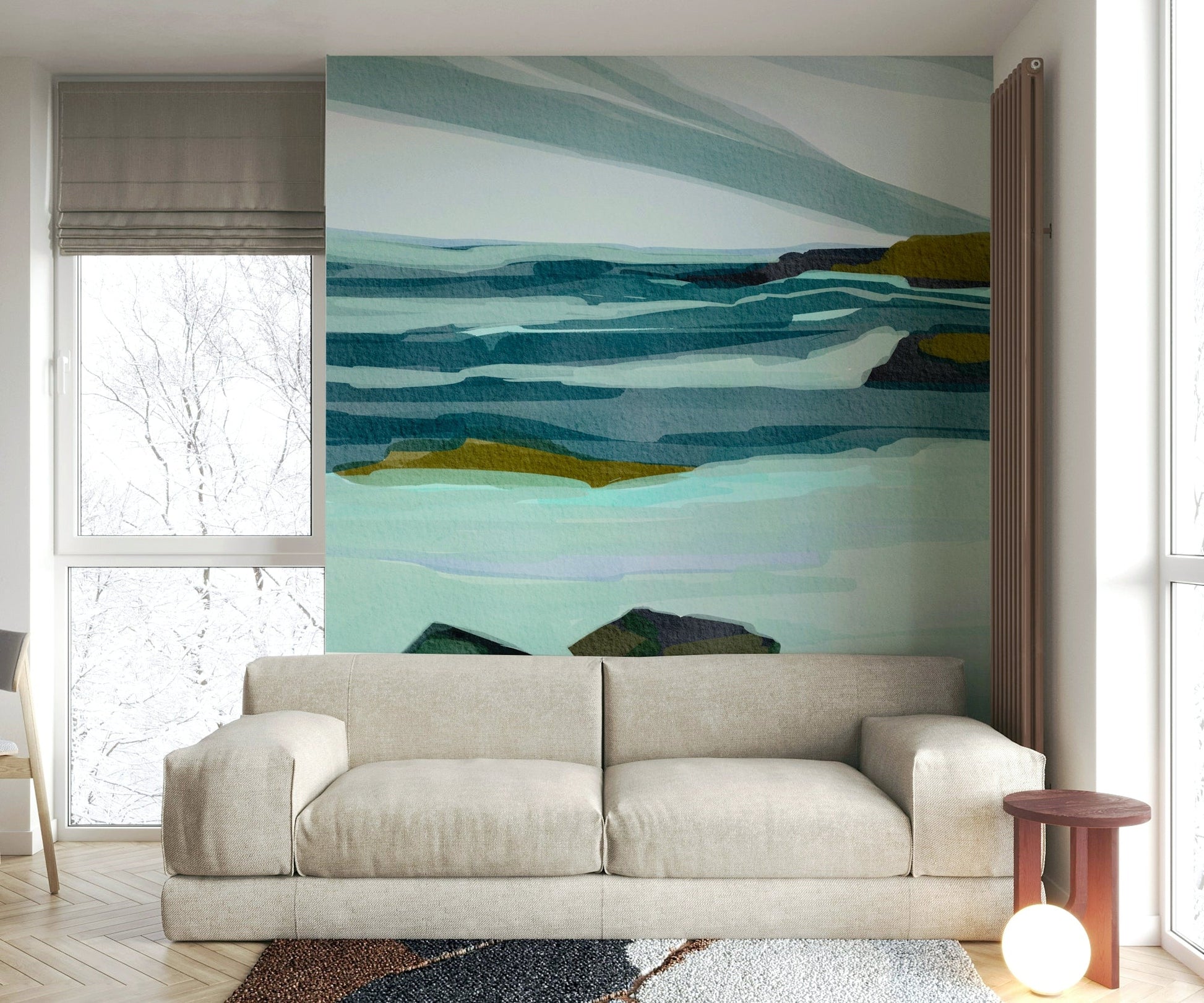 The colors are muted and gentle, like soft blues, whites, and browns.

