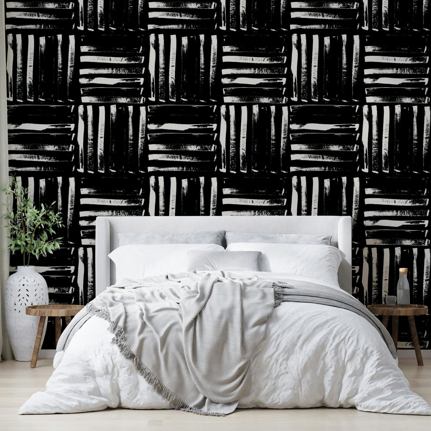 The painted stripes wallpaper installed in a living room, creating a clean backdrop