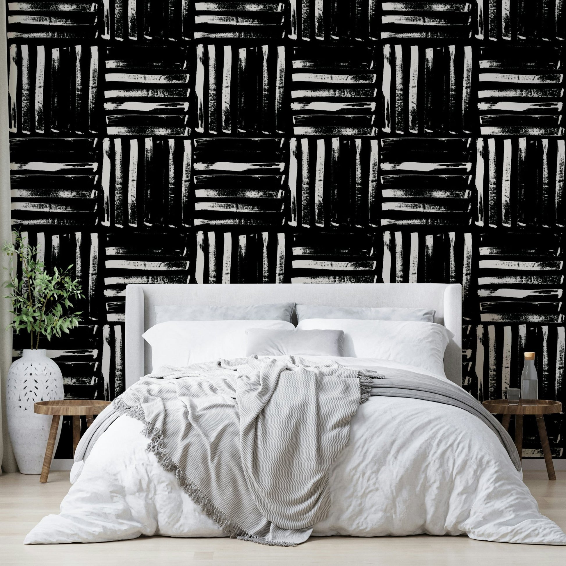 The painted stripes wallpaper installed in a living room, creating a clean backdrop