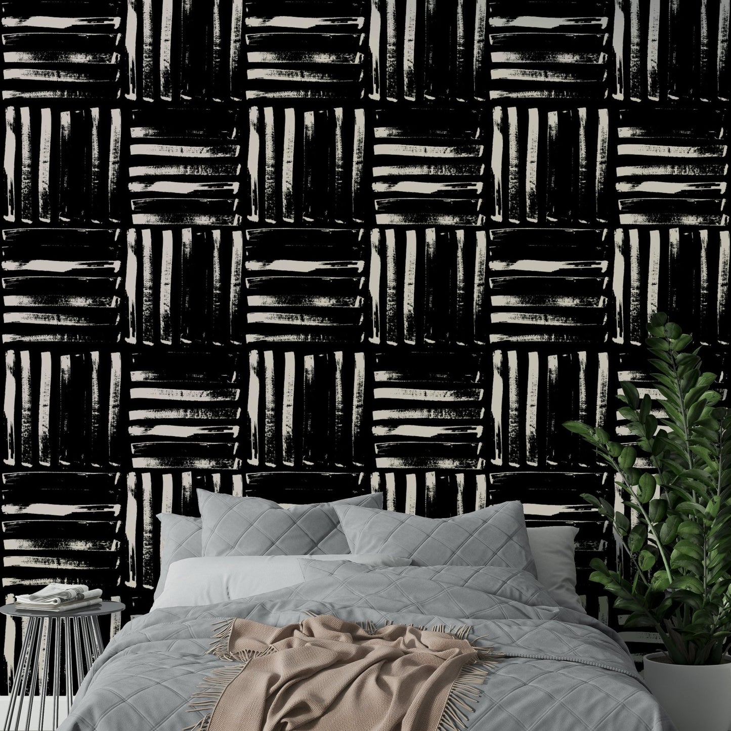 A close-up of a wall with painted stripes wallpaper, showing brushstroke details