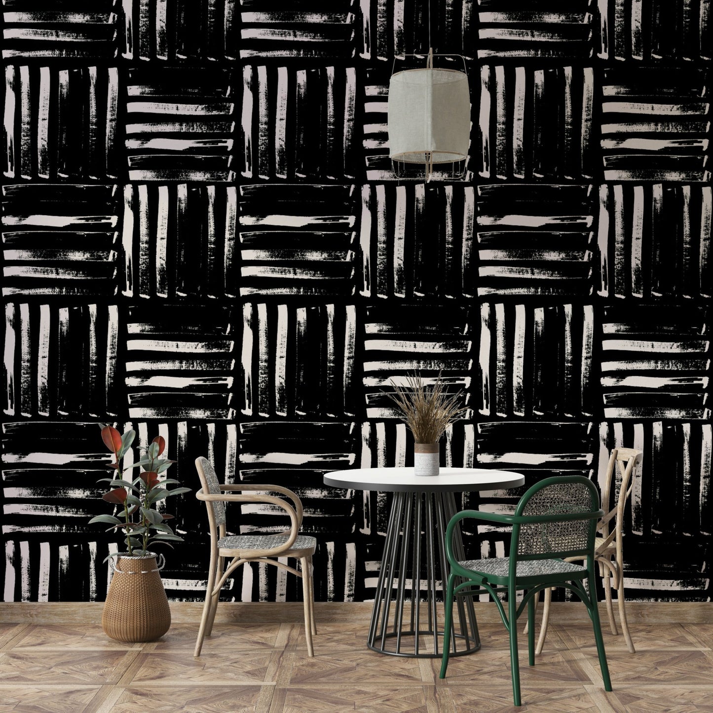 Detail of the wallpaper's texture and color variation in the painted lines