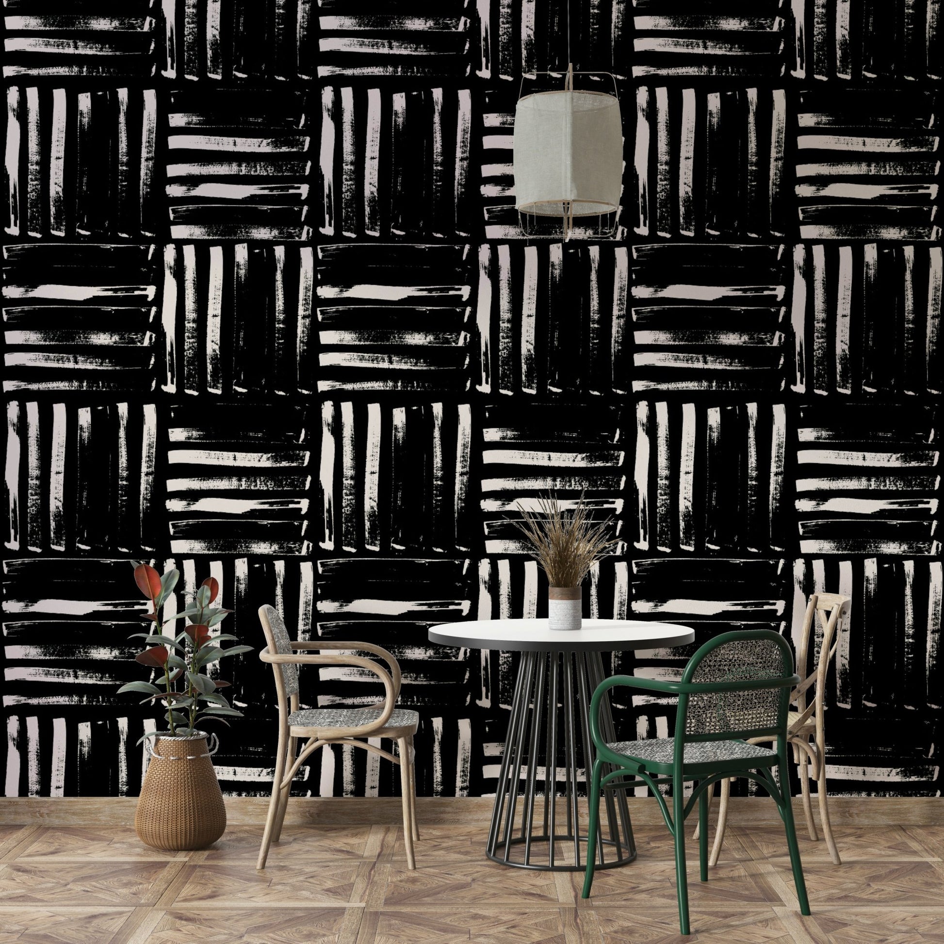 Detail of the wallpaper's texture and color variation in the painted lines