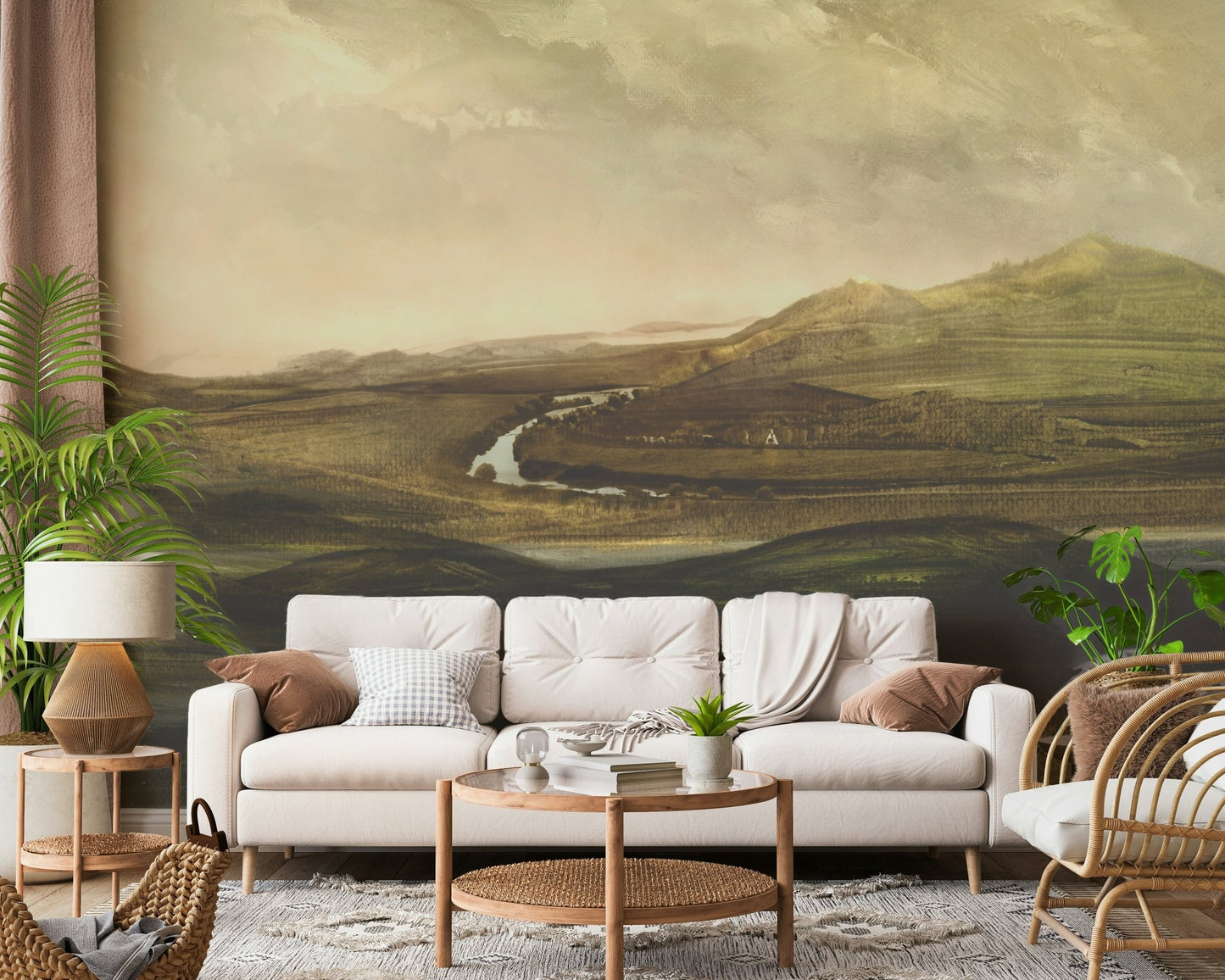 A beautiful painted valley vista wallpaper mural with subtle brushstrokes., GD5577