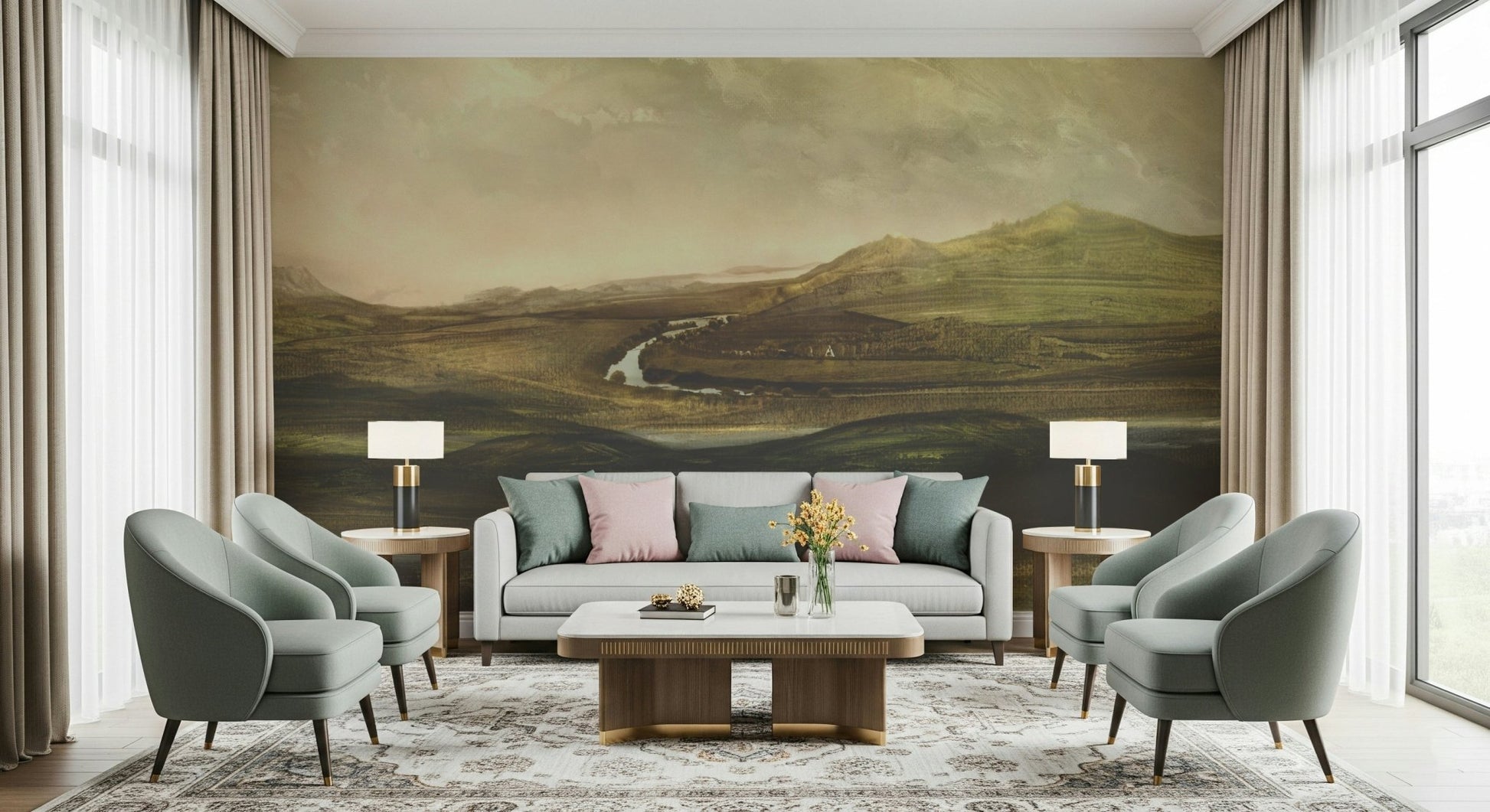 A peaceful open country mural on decorative wallpaper., GD5577
