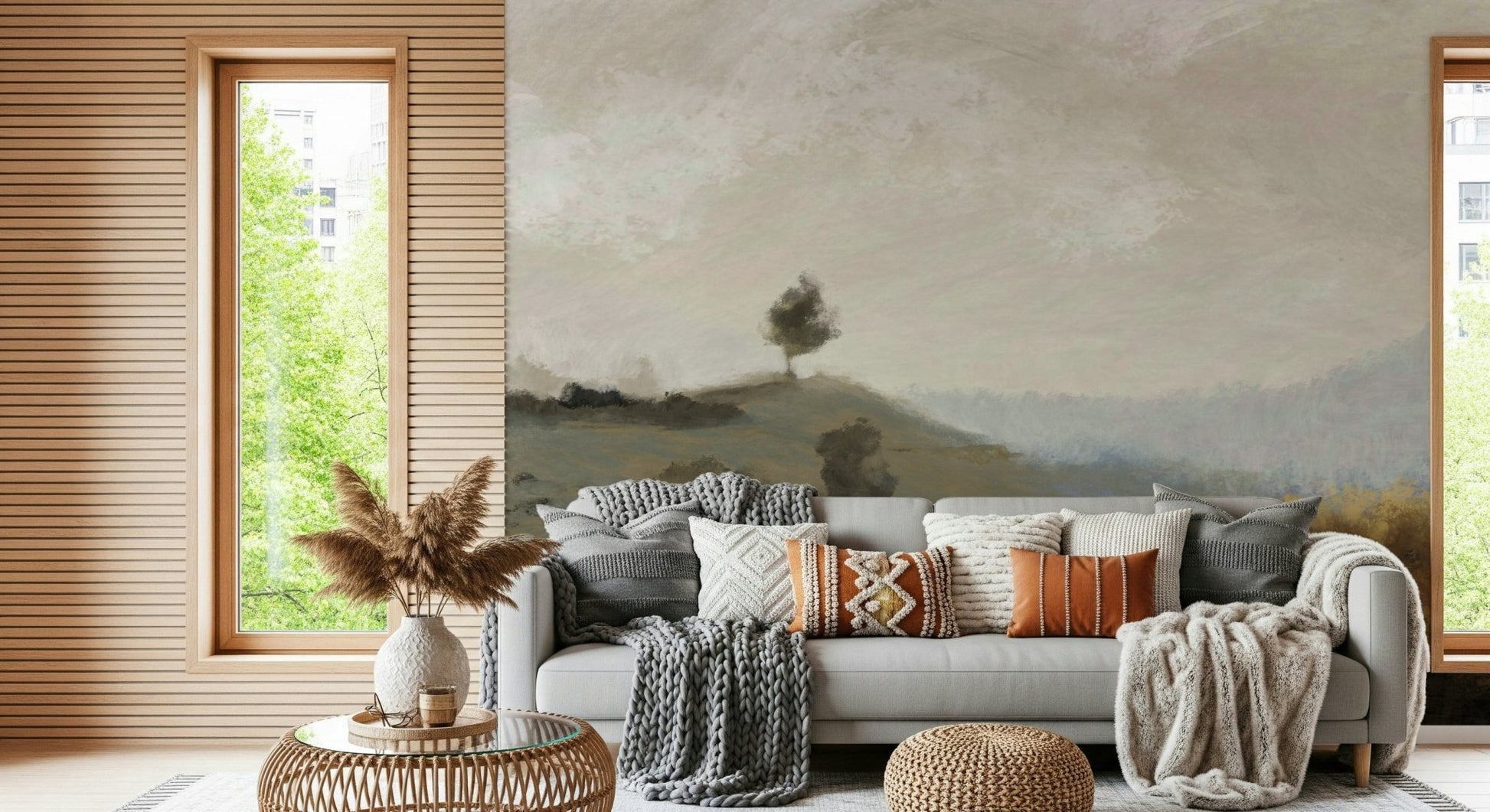 A calming abstract design wallpaper mural that defines a space.
