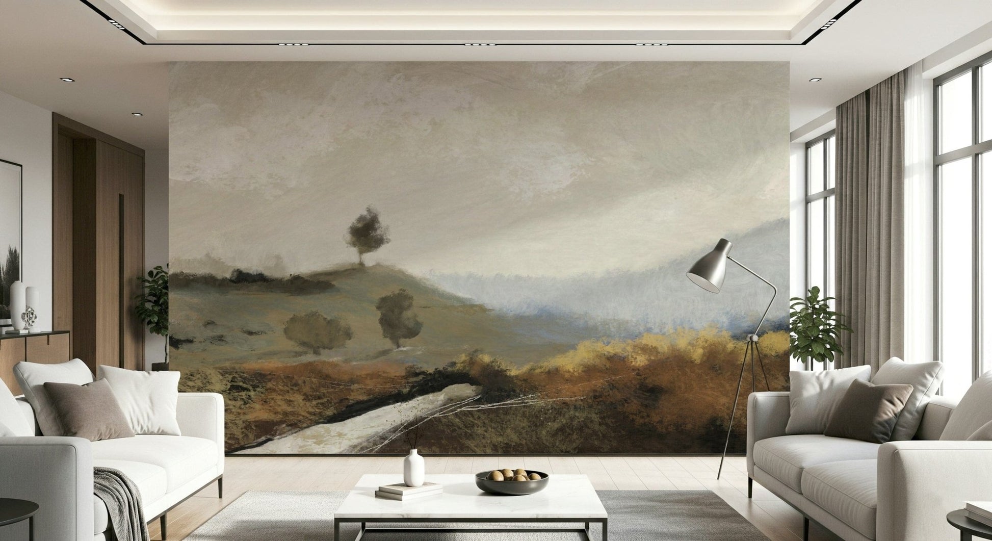 A graceful subtle pattern wall mural in cool, tranquil tones.